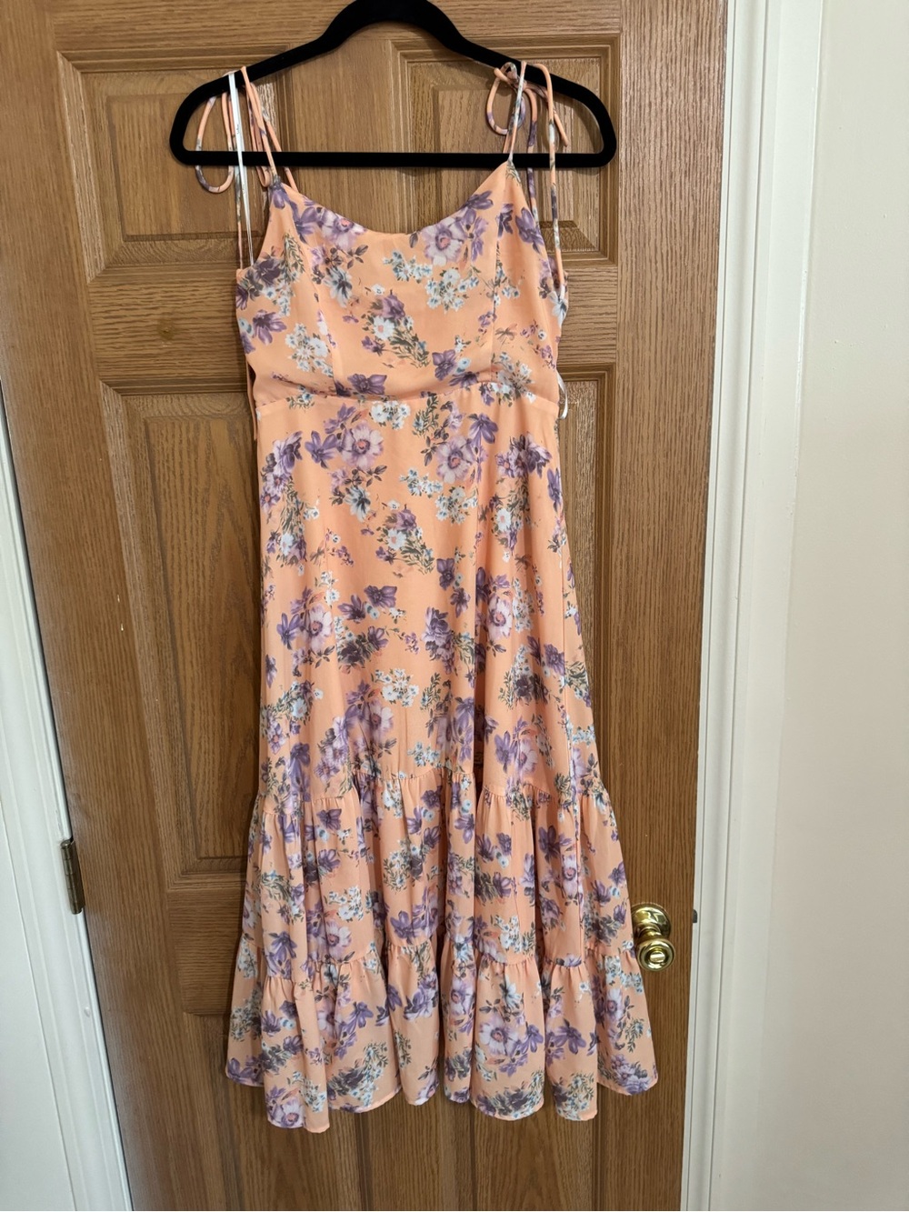 Floral Peach Tiered Dress with Purple Blooms